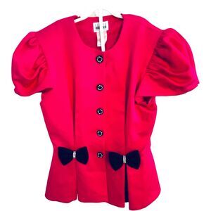 Leslie Fay Evenings Jacket Size 8 Vintage USA Hot Pink Bow Satin Rhinestone